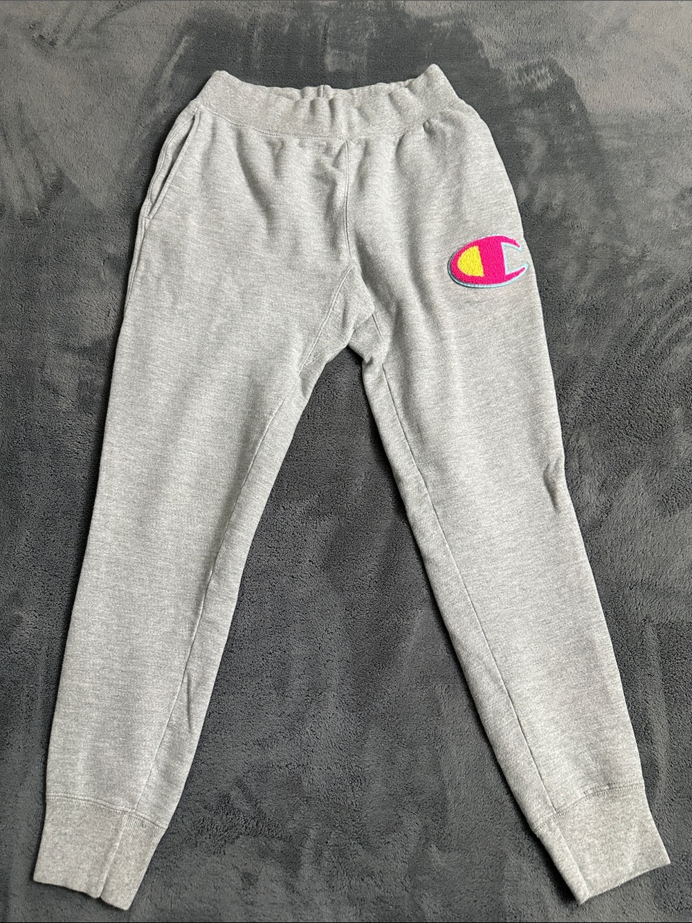 Champion Gray Sweatpants with Pink and Yellow Logo Joggers size Medium